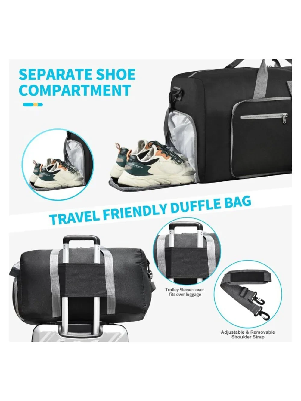 Foldable Duffle Bag Travel Weekender Overnight Gym 65L Waterproof